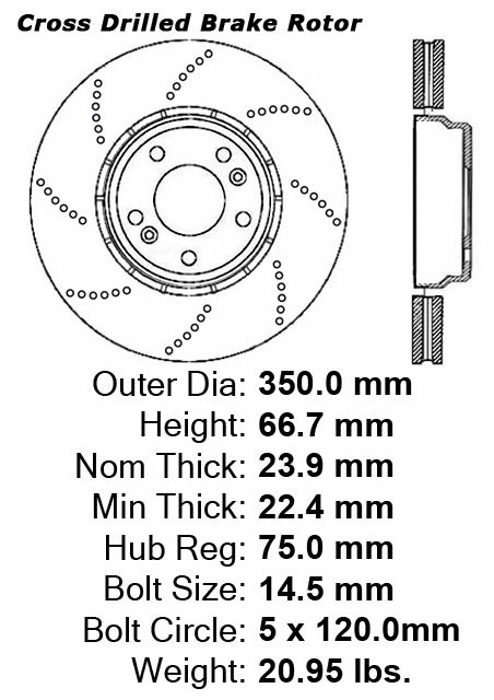 Centric OEM-style floating and cross-drilled rear rotor 350x24mm - Left